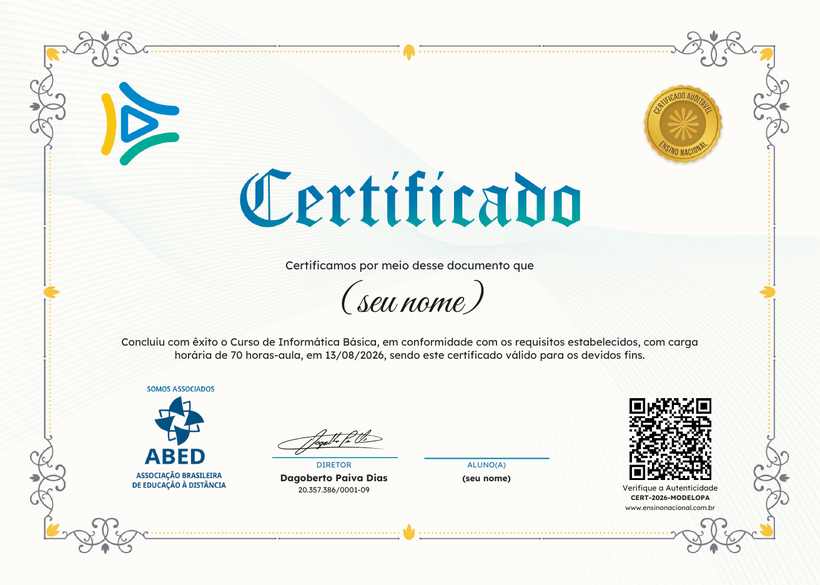 Modelo do certificado do Ensino Nacional