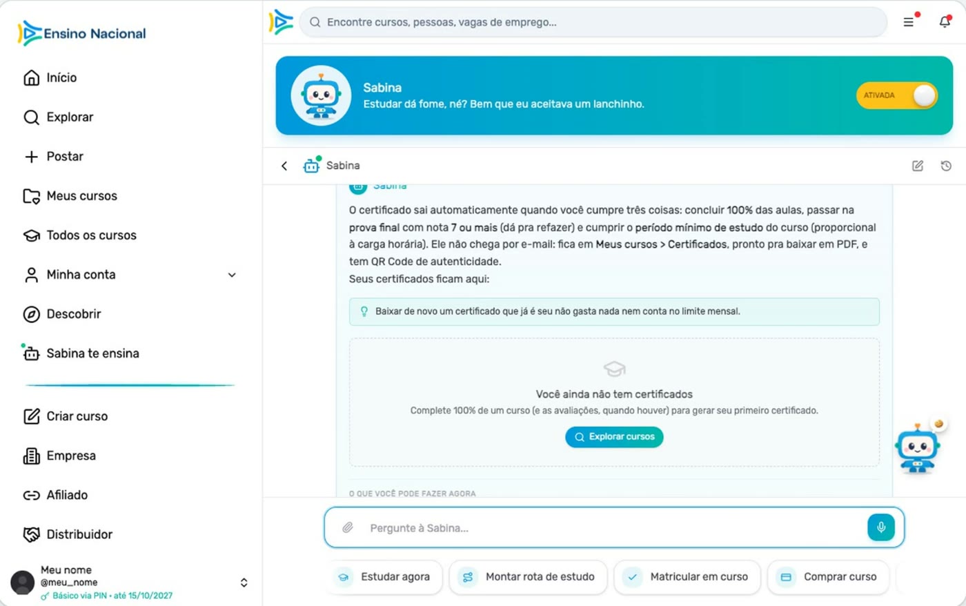 A Sabina respondendo como emitir o certificado