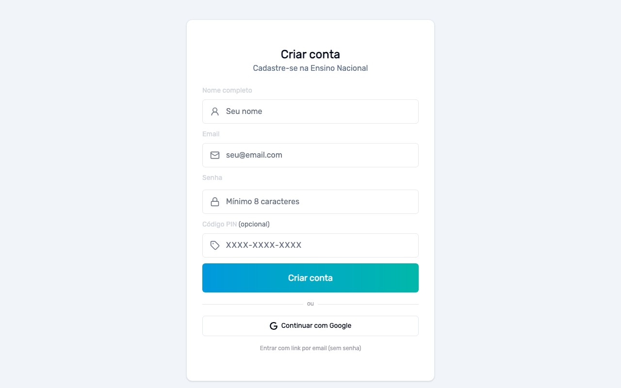 Tela de cadastro com código de acesso